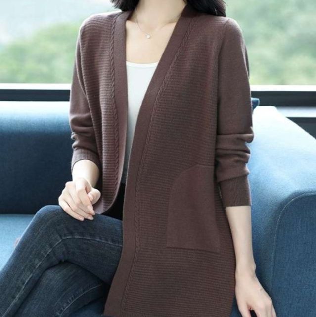 レディースカーディガン シンプル リブ編み ミドル丈カーディガン