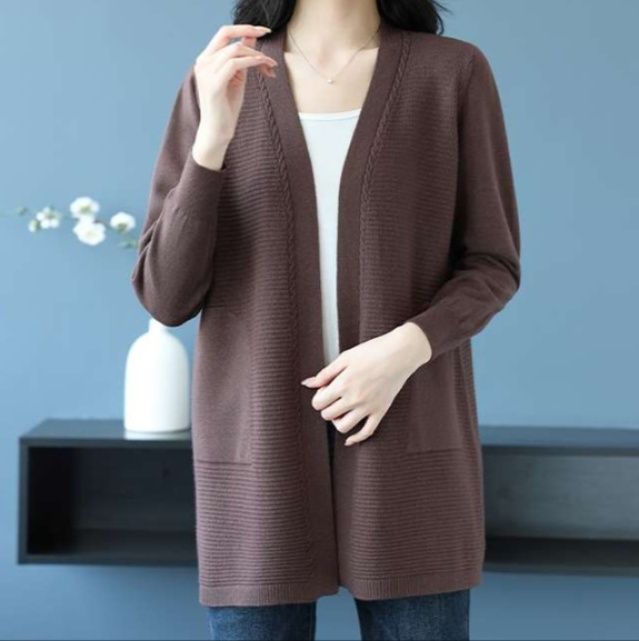 レディースカーディガン シンプル リブ編み ミドル丈カーディガン