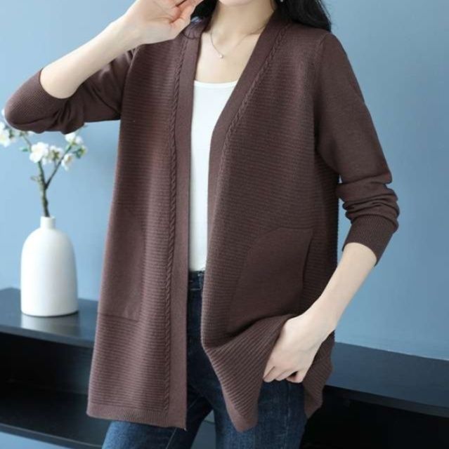 レディースカーディガン シンプル リブ編み ミドル丈カーディガン