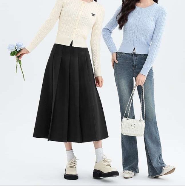 レディースカーディガン パール釦付き ケーブル編みカーディガン