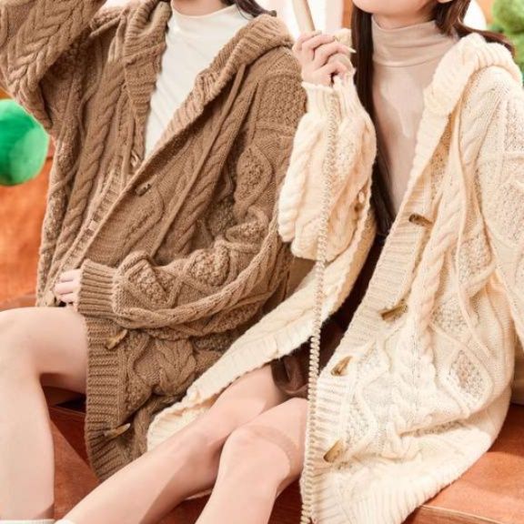 レディースカーディガン もこもこケーブル編みゆったりロングカーディガン