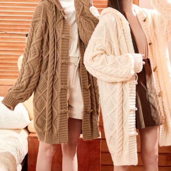 レディースカーディガン もこもこケーブル編みゆったりロングカーディガン