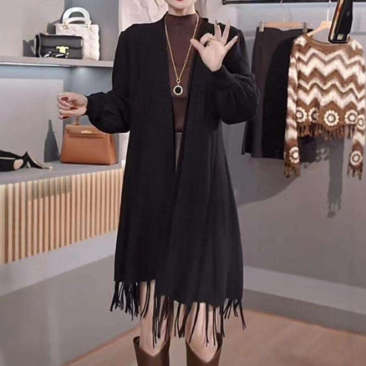 レディースカーディガン リブ編みフリンジ付きニットワンピース