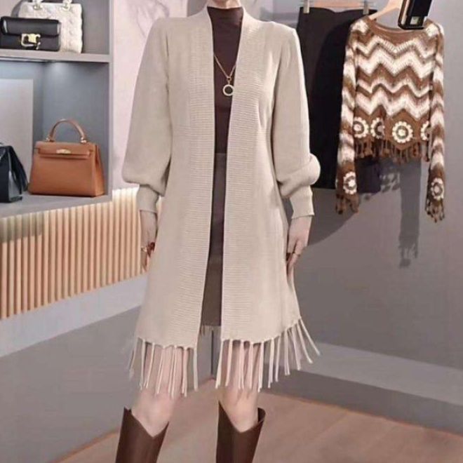 レディースカーディガン リブ編みフリンジ付きニットワンピース