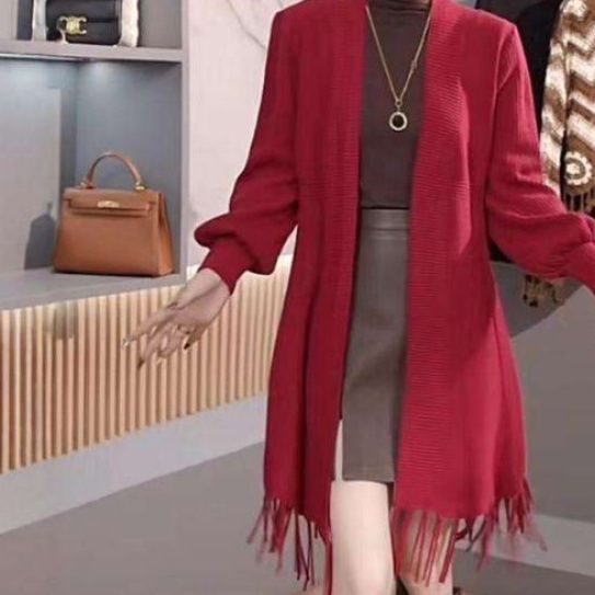 レディースカーディガン リブ編みフリンジ付きニットワンピース