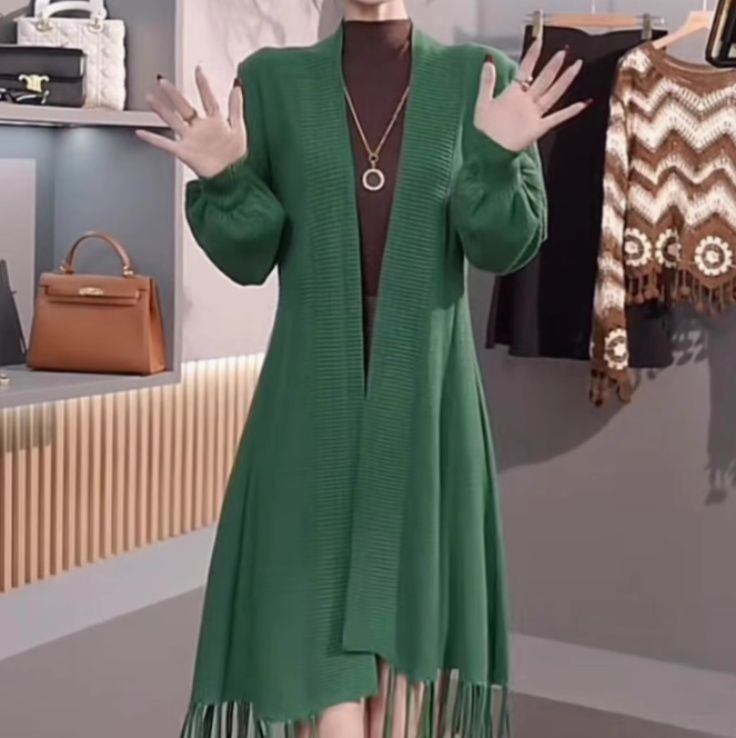 レディースカーディガン リブ編みフリンジ付きニットワンピース