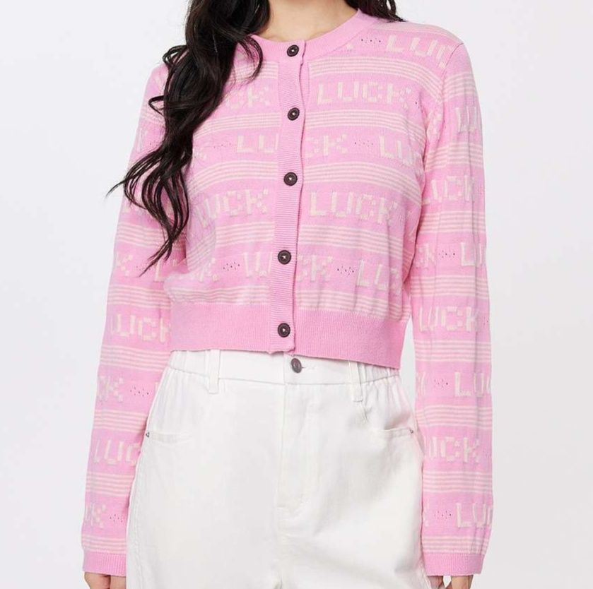 レディースカーディガン レトロ文字デザイン クロップド丈カーディガン　ショート丈