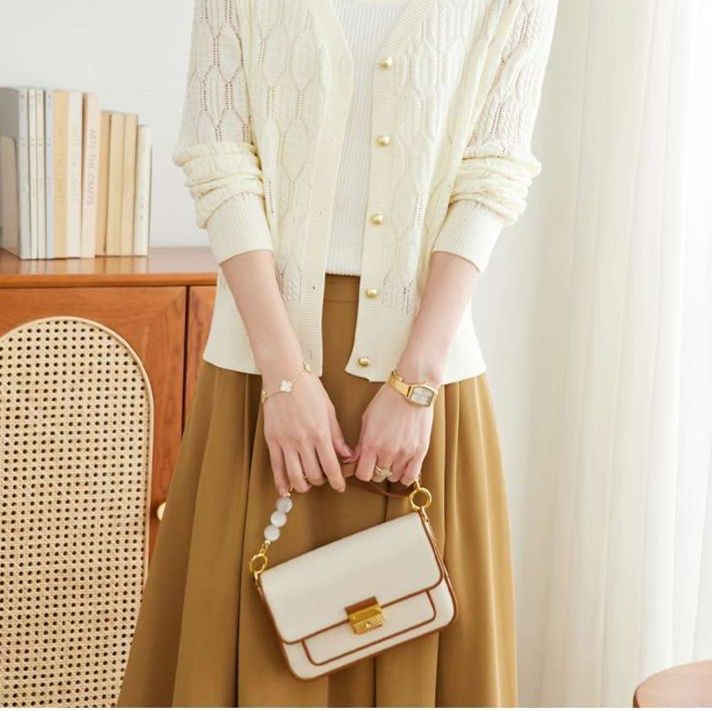 レディースカーディガン 上品パールボタン レース編みカーディガン