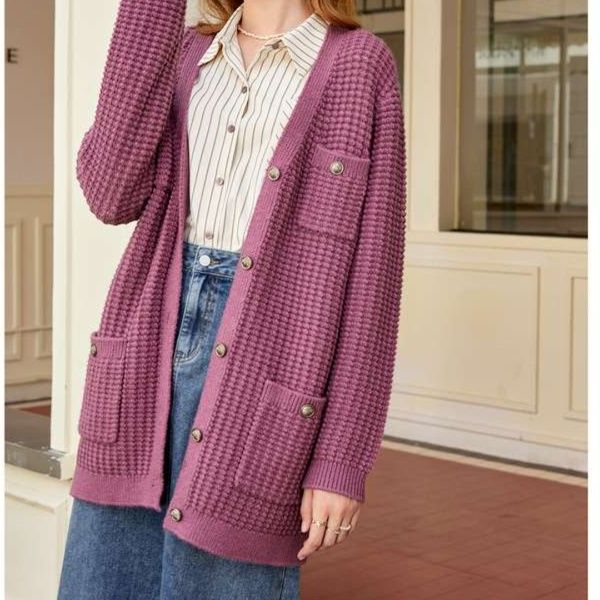 レディースカーディガン やわらか素材 リブ編み ミドルカーディガン