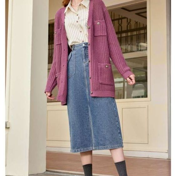 レディースカーディガン やわらか素材 リブ編み ミドルカーディガン