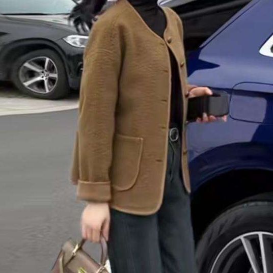 レディースカーディガン もこもこ素材ノーカラーカーディガン