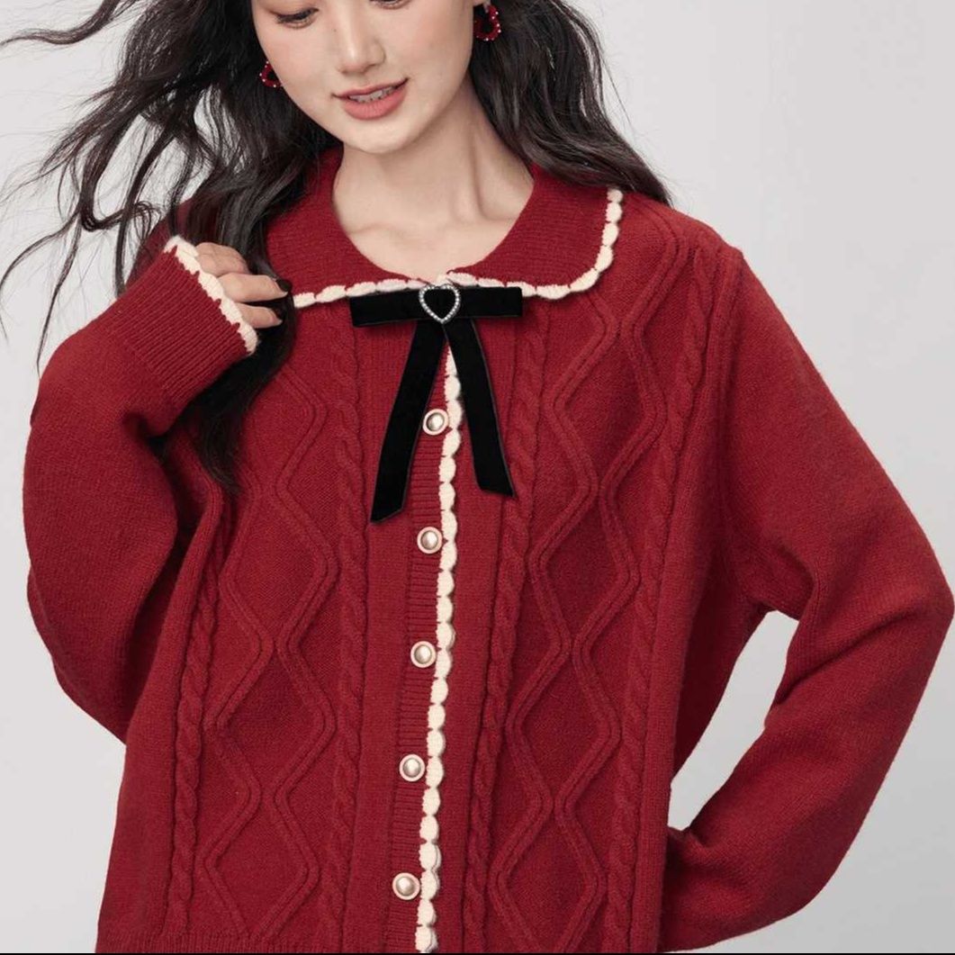 レディースカーディガン リボン付きケーブル編みカーディガン