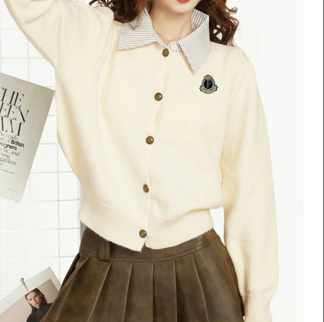 レディースカーディガン 学生風カレッジロゴ入りニットカーディガン