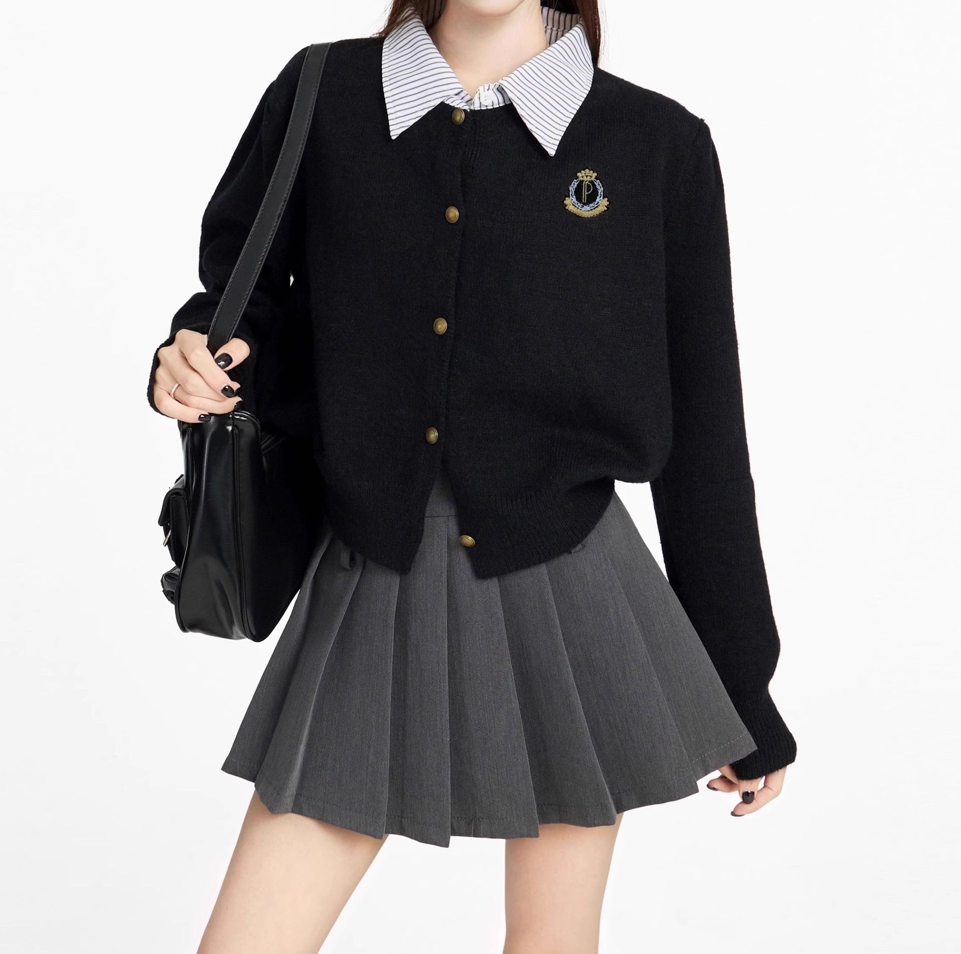 レディースカーディガン 学生風カレッジロゴ入りニットカーディガン