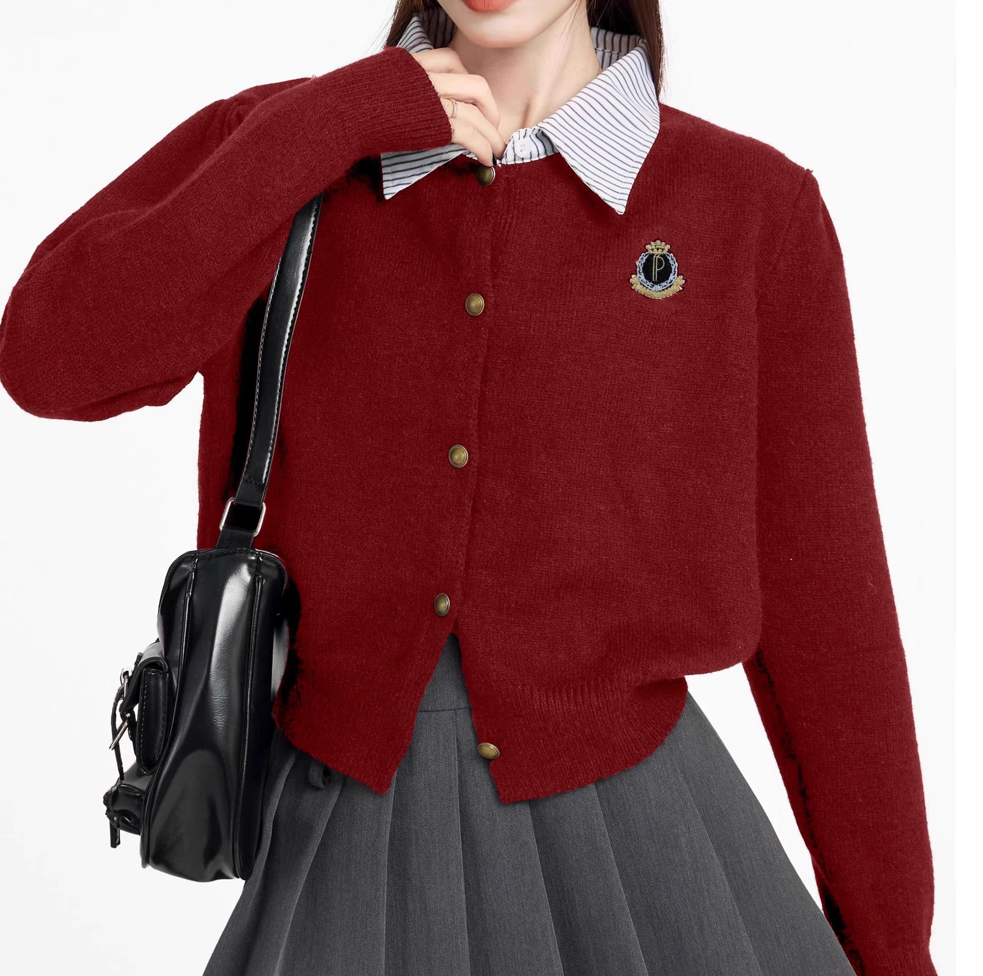 レディースカーディガン 学生風カレッジロゴ入りニットカーディガン