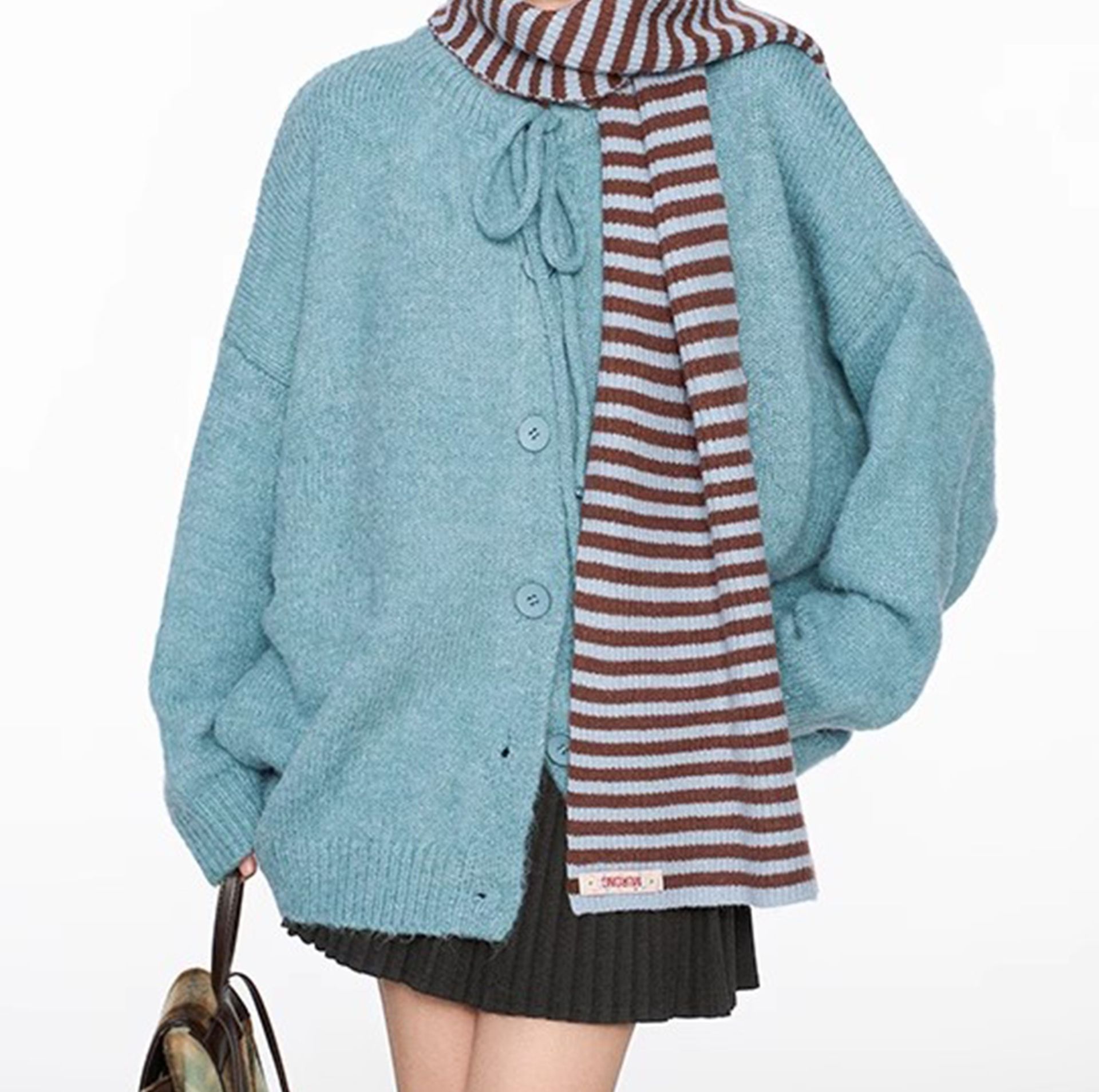 レディースカーディガン ふんわりリボン付きニットカーディガン　ミドル丈カーディガン