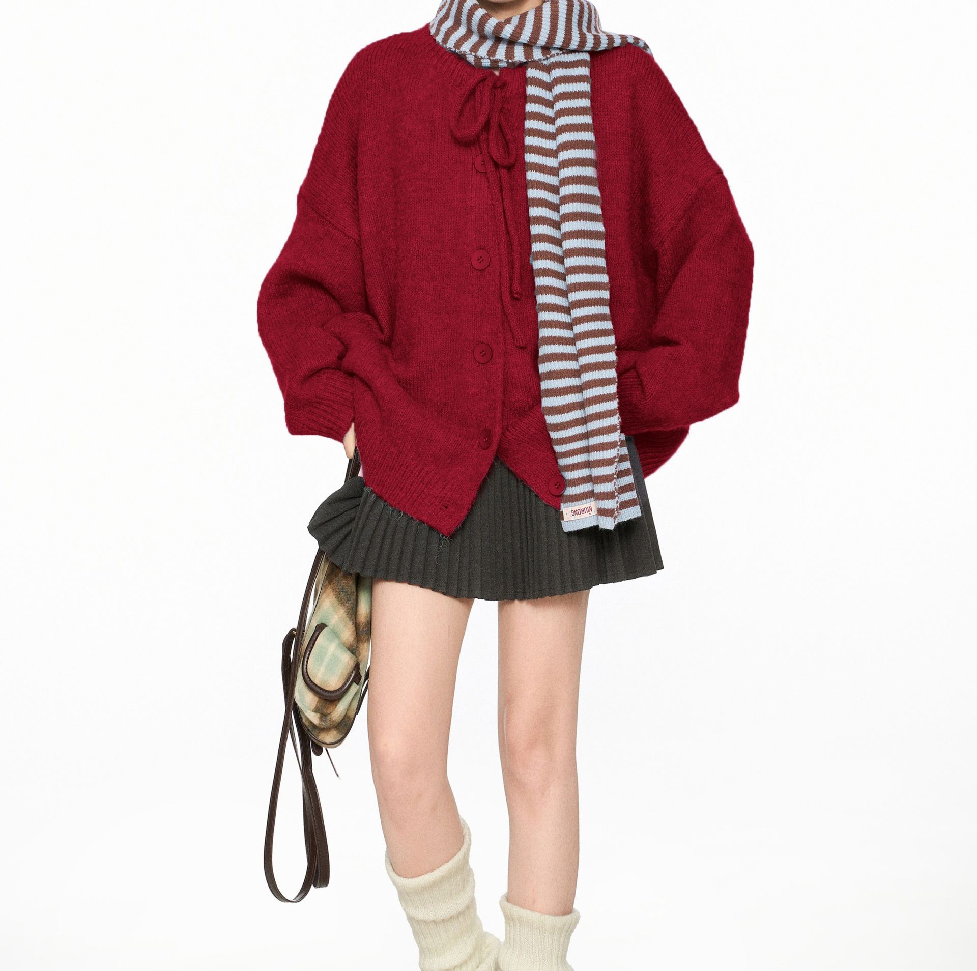 レディースカーディガン ふんわりリボン付きニットカーディガン　ミドル丈カーディガン