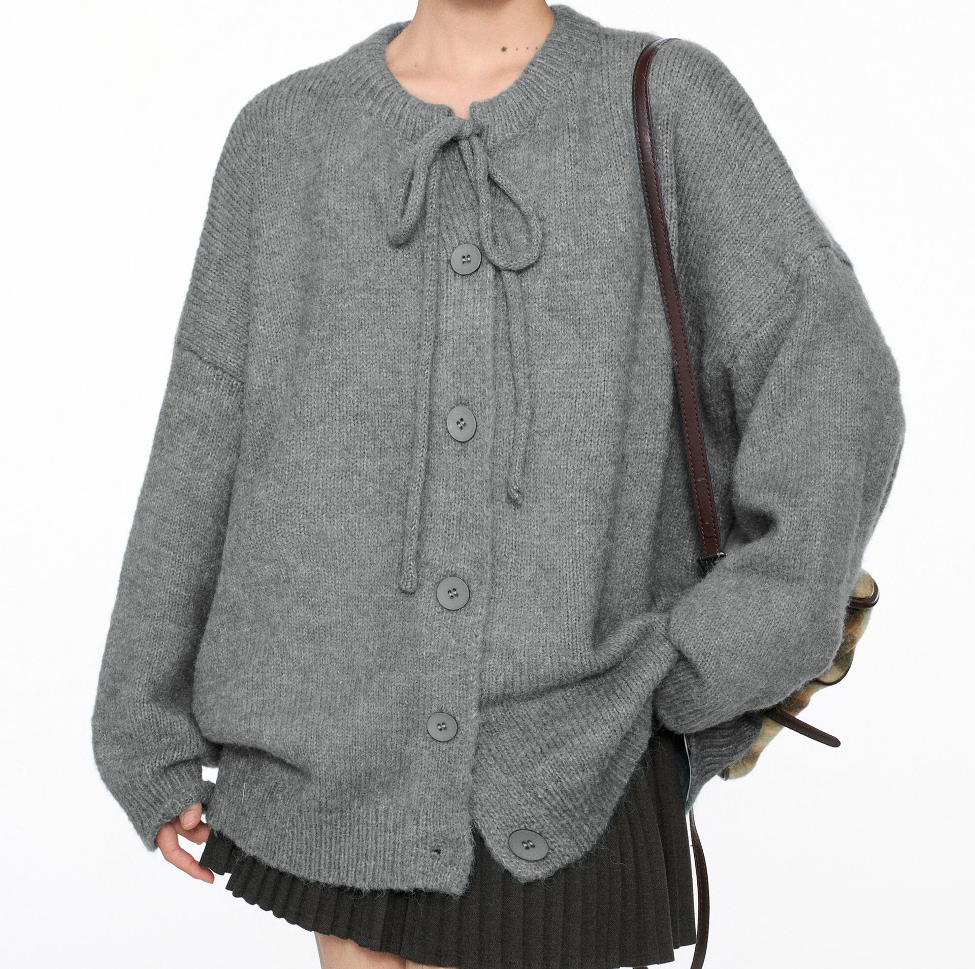 レディースカーディガン ふんわりリボン付きニットカーディガン　ミドル丈カーディガン