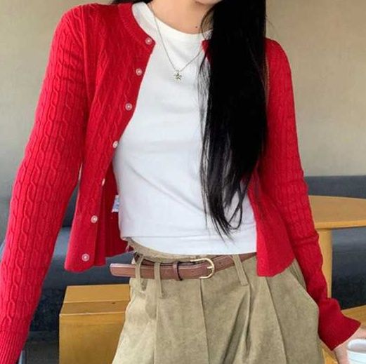 レディースカーディガン ケーブル編みクロップドカーディガン　ショート丈