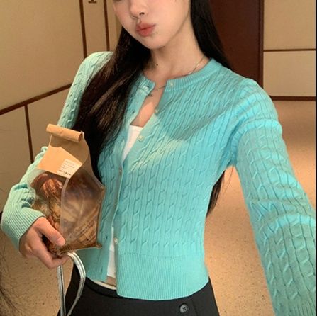 レディースカーディガン ケーブル編みクロップドカーディガン　ショート丈