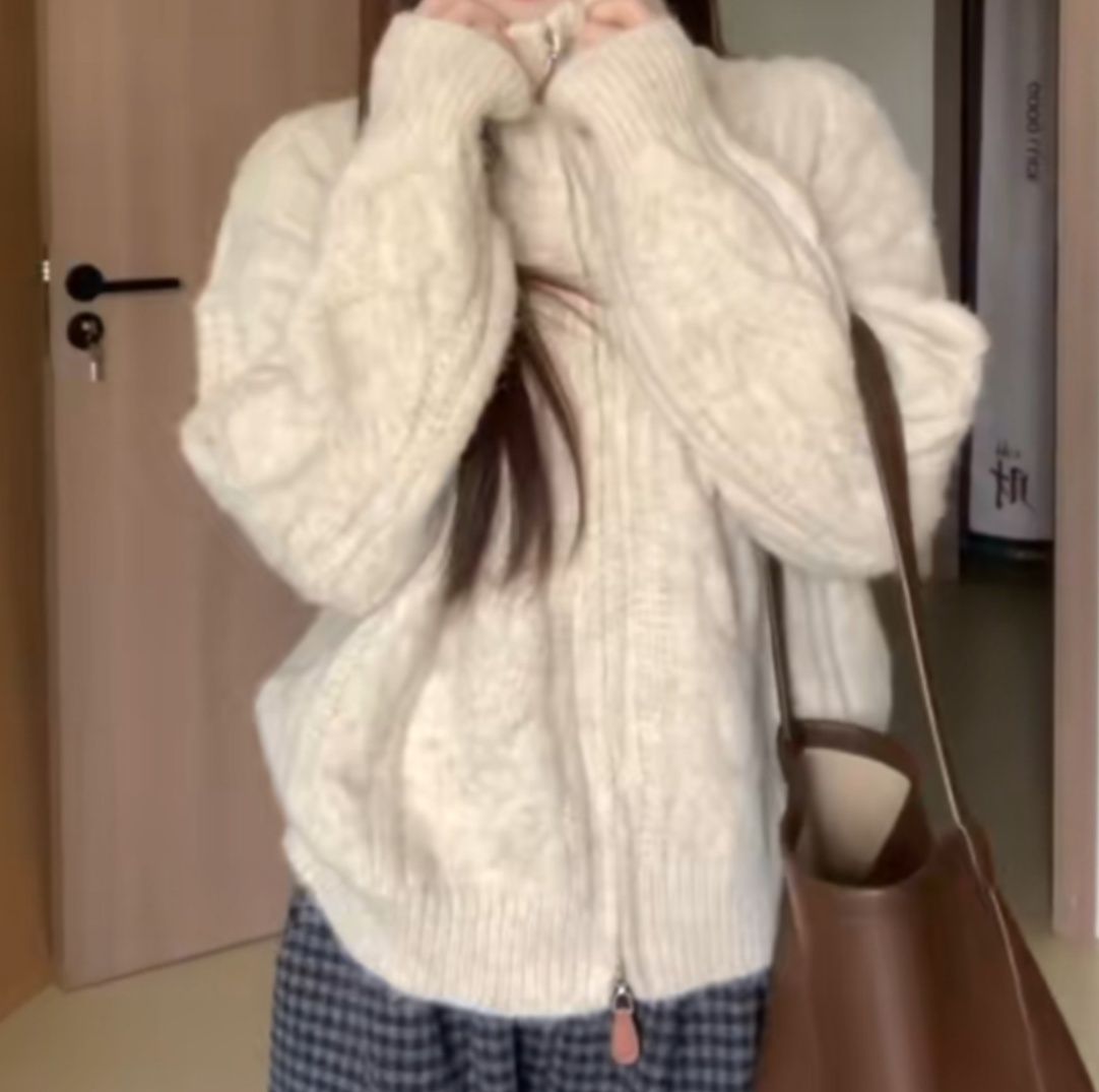 レディースカーディガン もこもこケーブル編みカーディガン　ミドル丈