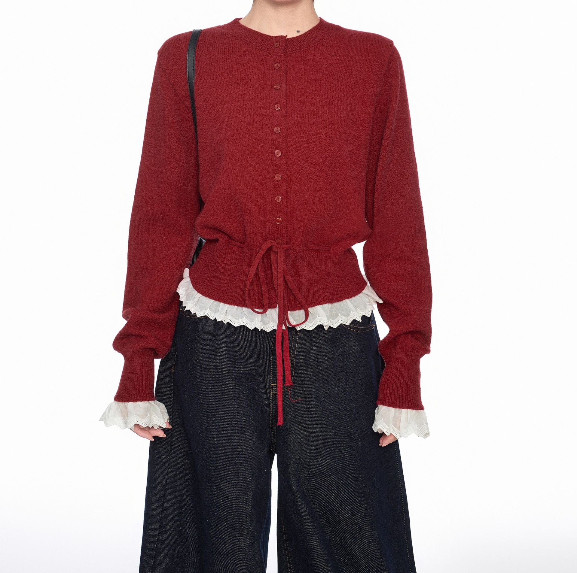 レディースカーディガン フリルカフス ドロスト リボンカーディガン　ミドル丈カーディガン