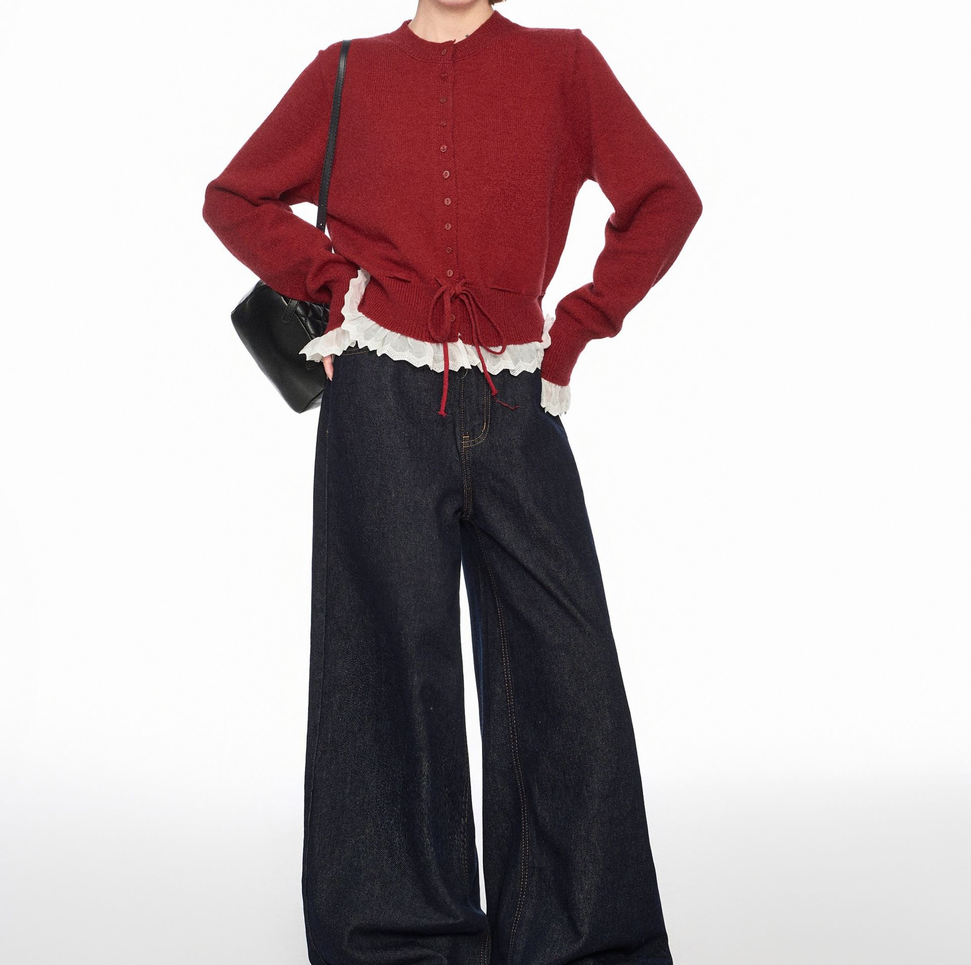 レディースカーディガン フリルカフス ドロスト リボンカーディガン　ミドル丈カーディガン