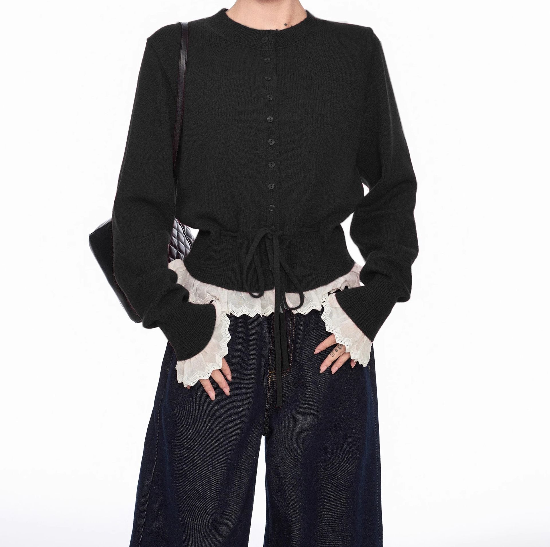 レディースカーディガン フリルカフス ドロスト リボンカーディガン　ミドル丈カーディガン