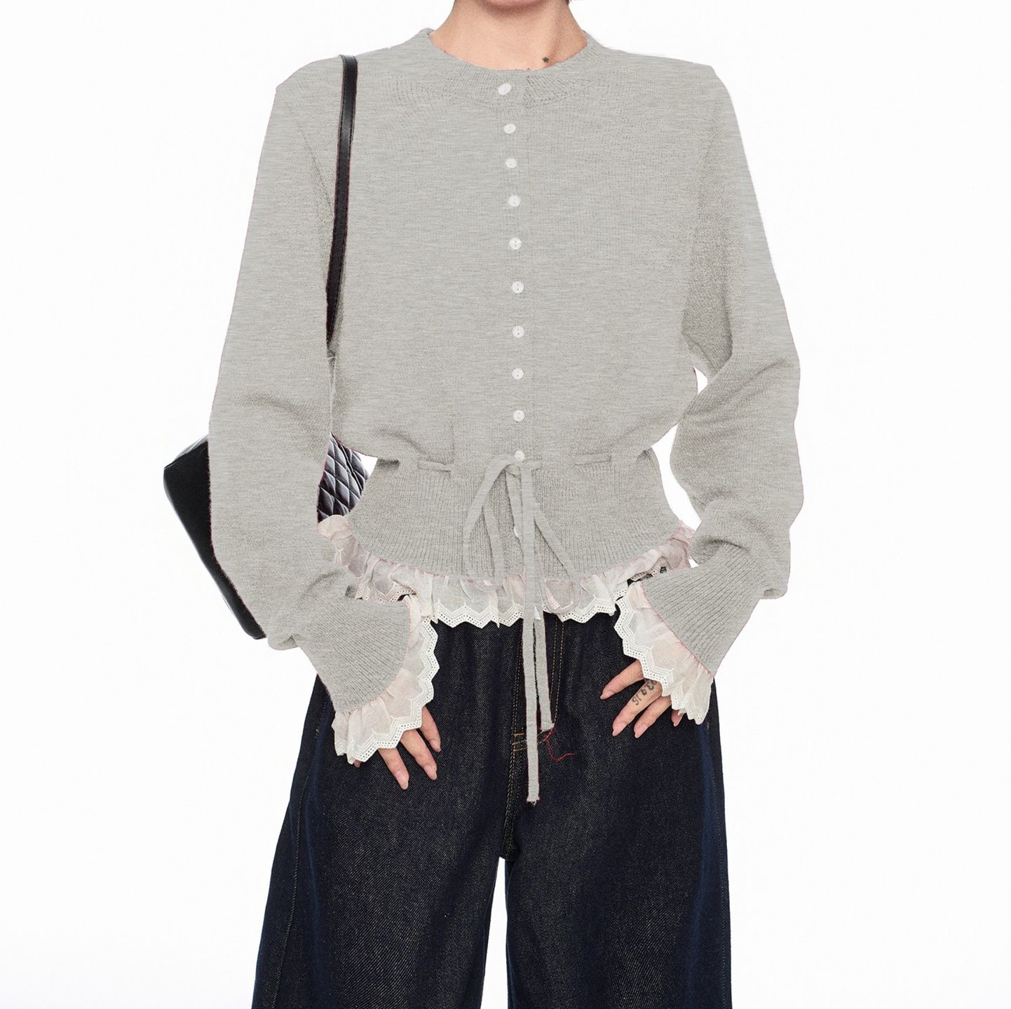 レディースカーディガン フリルカフス ドロスト リボンカーディガン　ミドル丈カーディガン