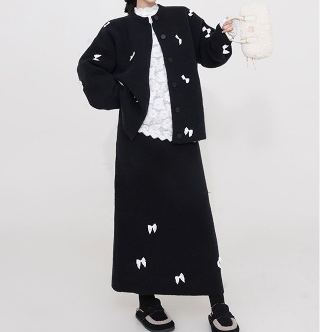 レディースカーディガン リボン装飾ニットカーディガン