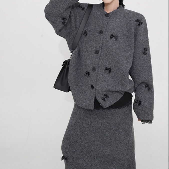 レディースカーディガン リボン装飾ニットカーディガン