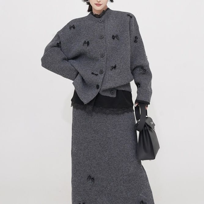 レディースカーディガン リボン装飾ニットカーディガン