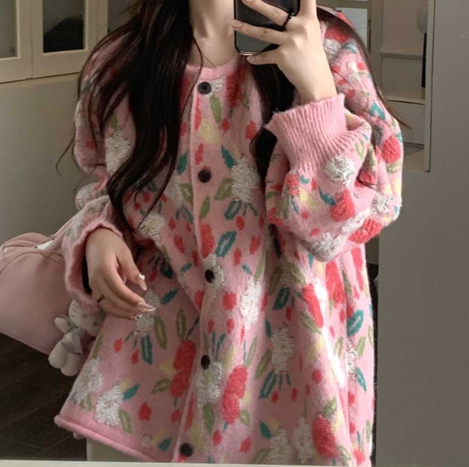 レディースカーディガン 花柄モヘアニットミドルカーディガン