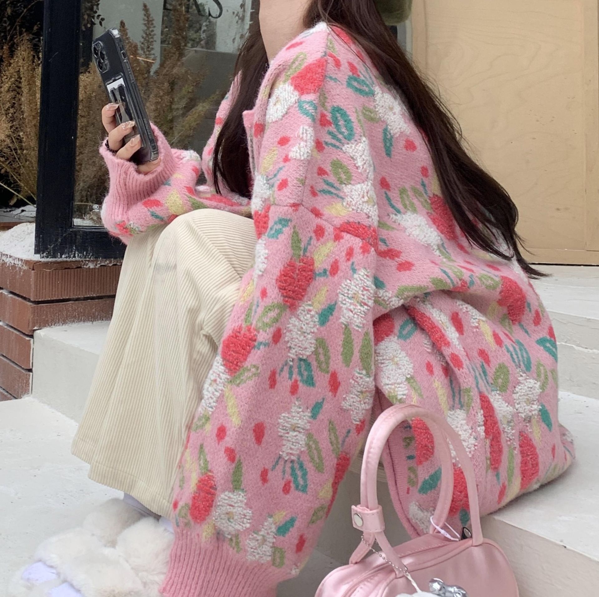 レディースカーディガン 花柄モヘアニットミドルカーディガン