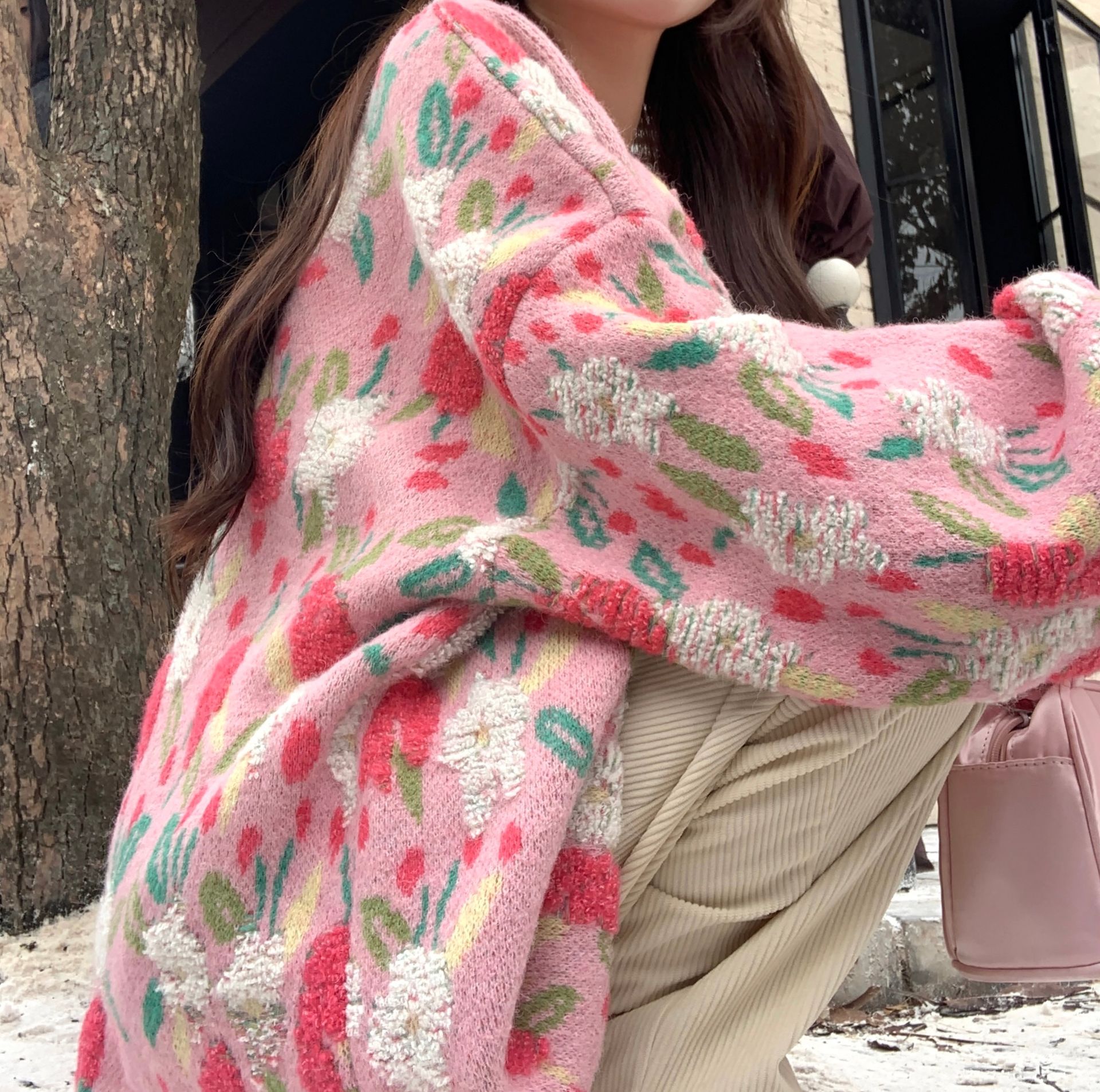 レディースカーディガン 花柄モヘアニットミドルカーディガン