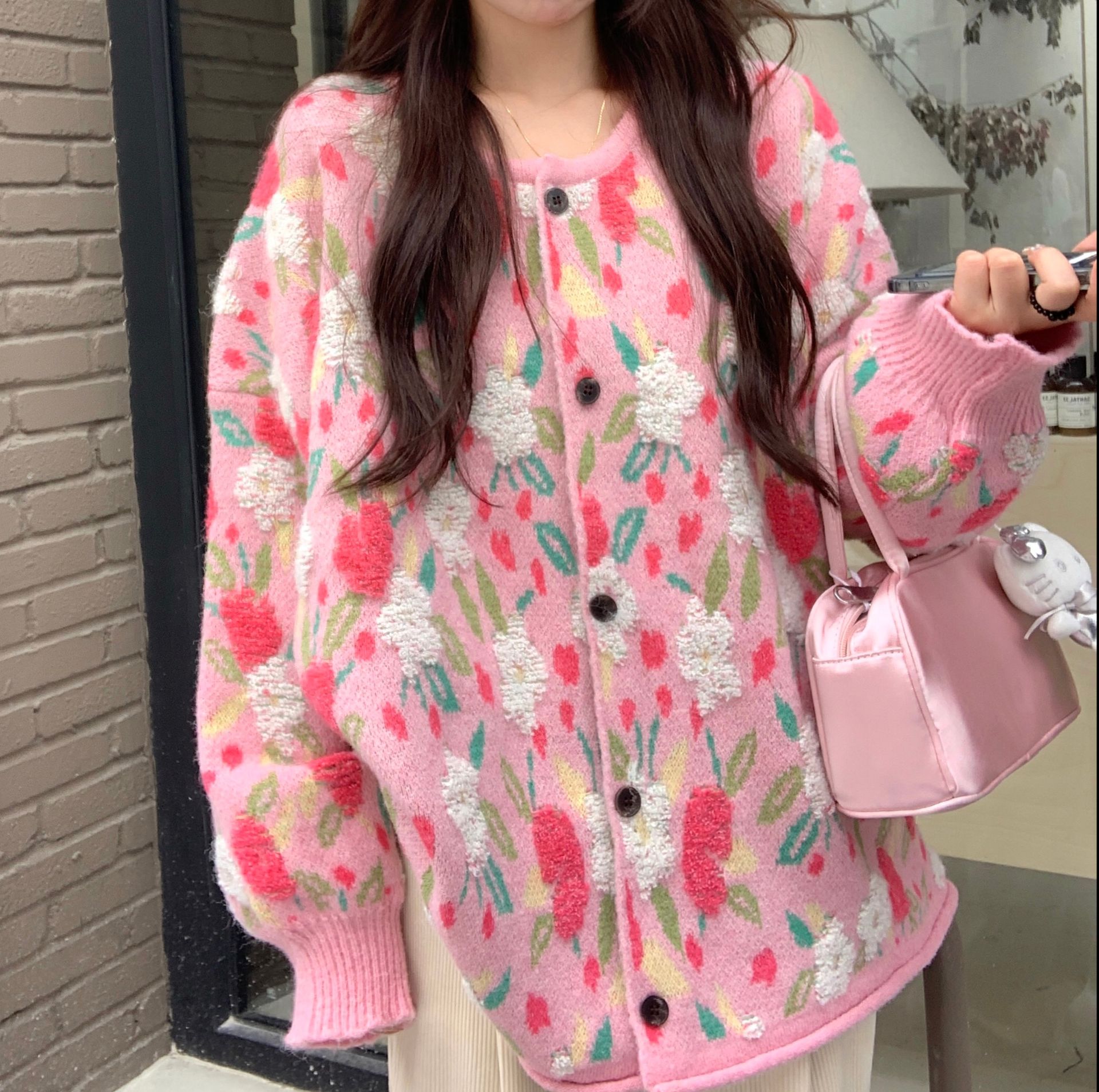 レディースカーディガン 花柄モヘアニットミドルカーディガン