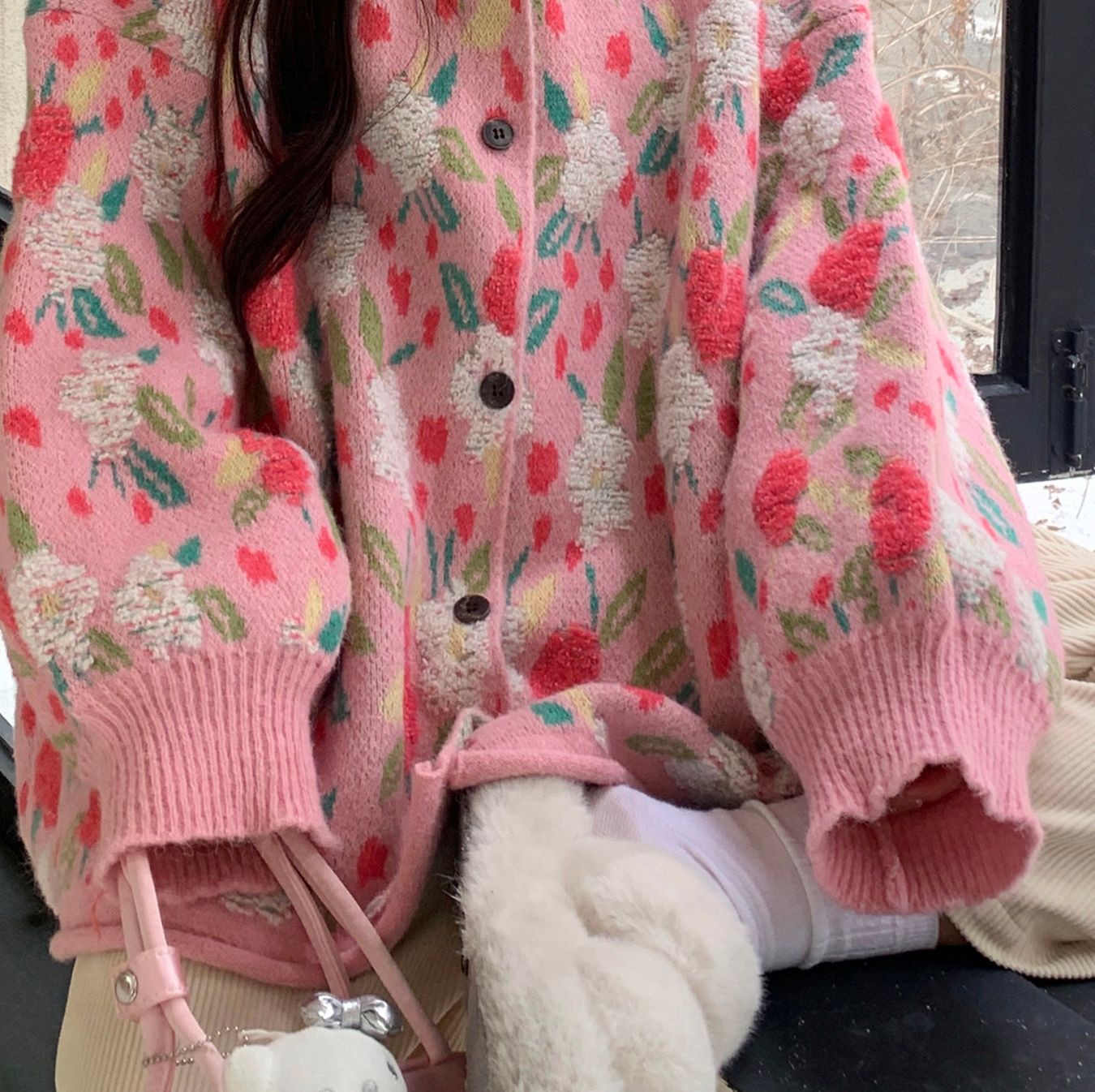 レディースカーディガン 花柄モヘアニットミドルカーディガン