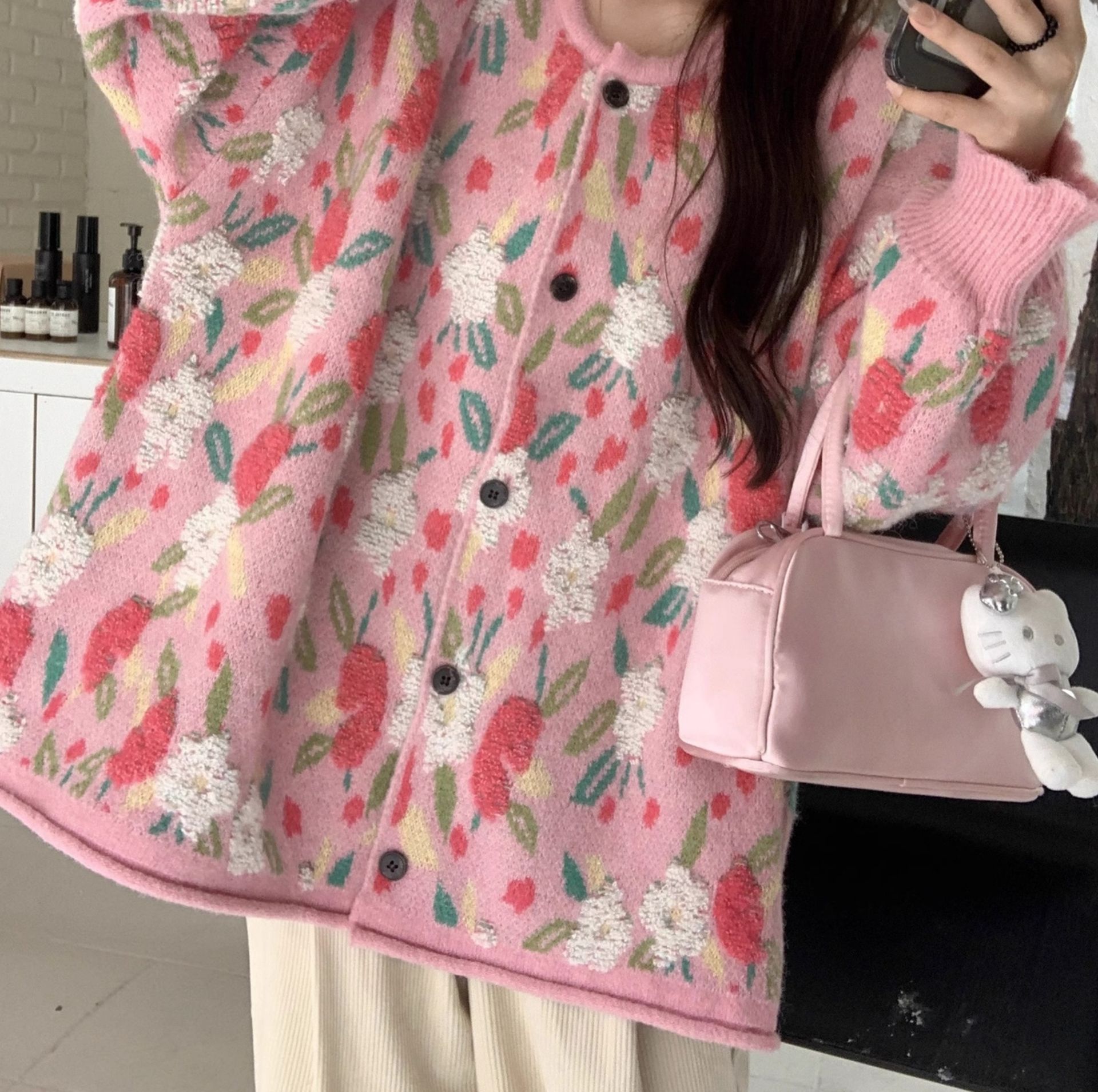 レディースカーディガン 花柄モヘアニットミドルカーディガン