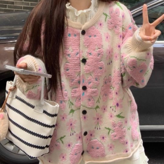 レディースカーディガン 花柄モヘアニットミドルカーディガン