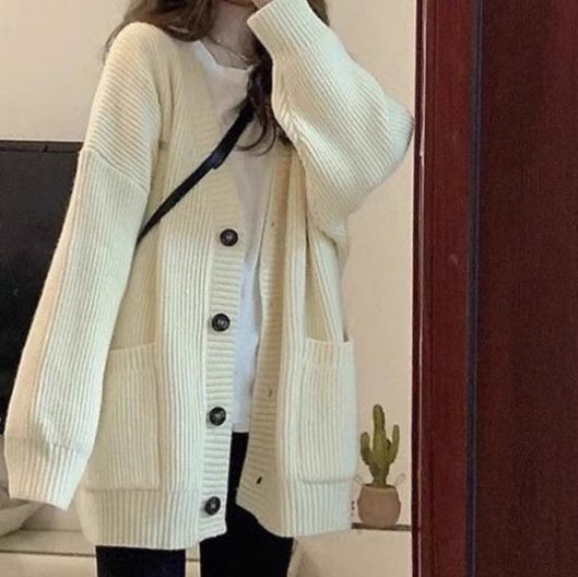 レディースカーディガン ゆったりリブ編みミドル丈カーディガン