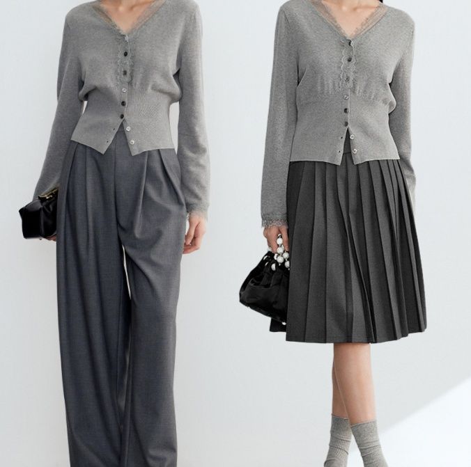 レディースカーディガン レース縁取りVネック上品カーディガン　ショート丈