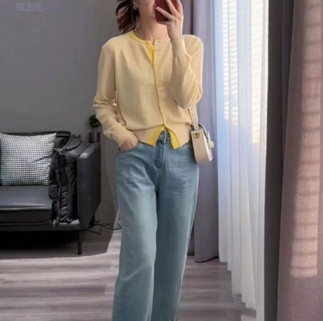 レディースカーディガン 優しい風合いノーカラーカーディガン　ショート丈カーディガン