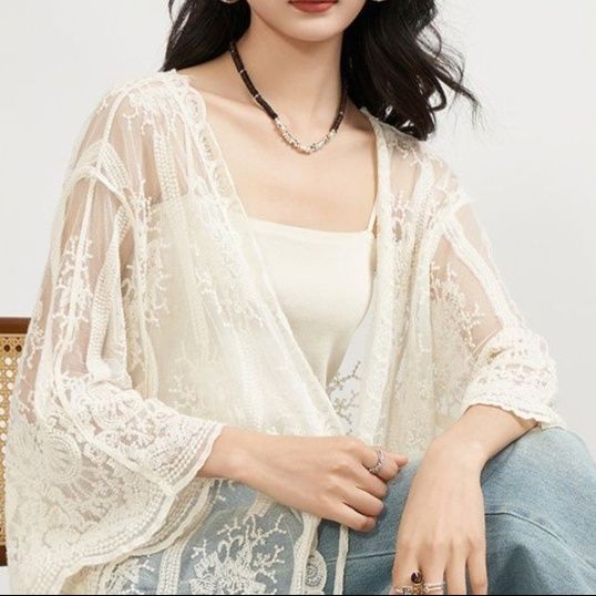レディースカーディガン 透かし花刺繍レースロング羽織り