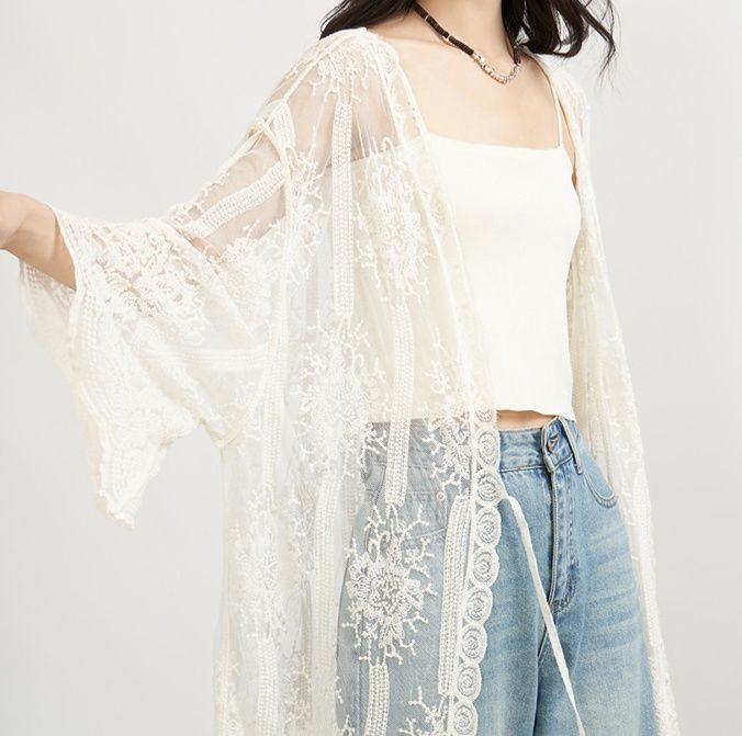 レディースカーディガン 透かし花刺繍レースロング羽織り