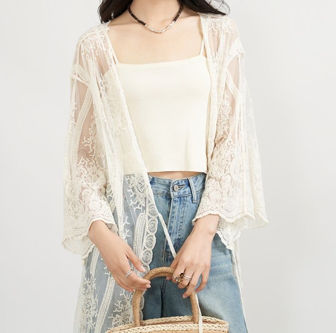レディースカーディガン 透かし花刺繍レースロング羽織り
