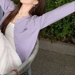 レディースカーディガン リボン刺繍入り薄手ニットカーディガン　ショート丈