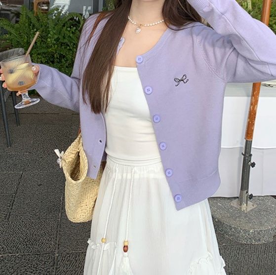 レディースカーディガン リボン刺繍入り薄手ニットカーディガン　ショート丈