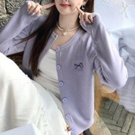 レディースカーディガン リボン刺繍入り薄手ニットカーディガン　ショート丈