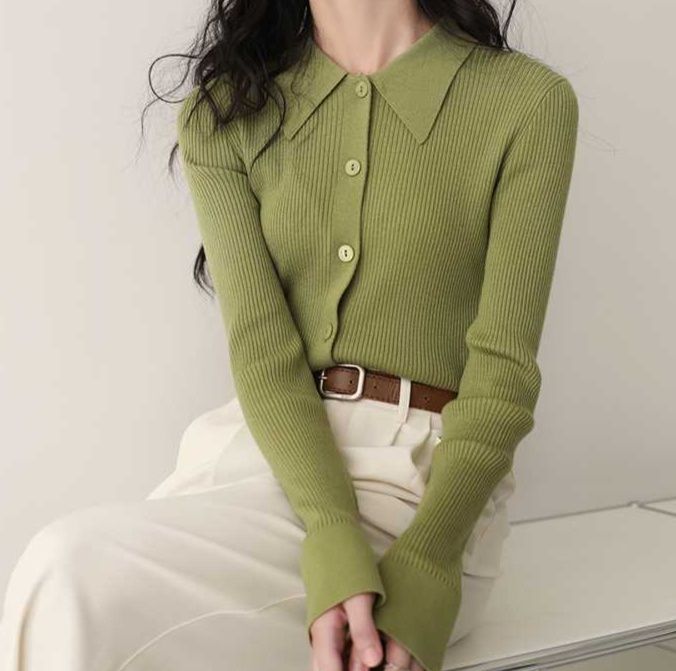 レディースカーディガン 優美な風格 リブ編み襟付きカーディガン　ショート丈カーディガン