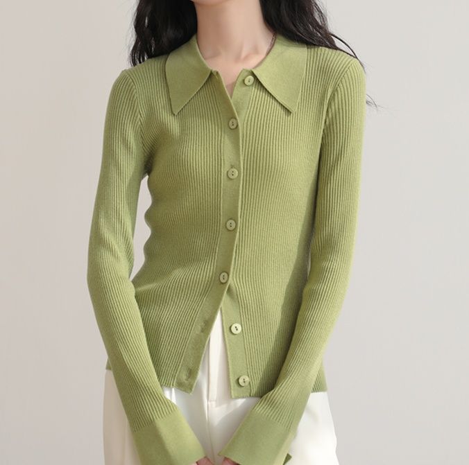 レディースカーディガン 優美な風格 リブ編み襟付きカーディガン　ショート丈カーディガン